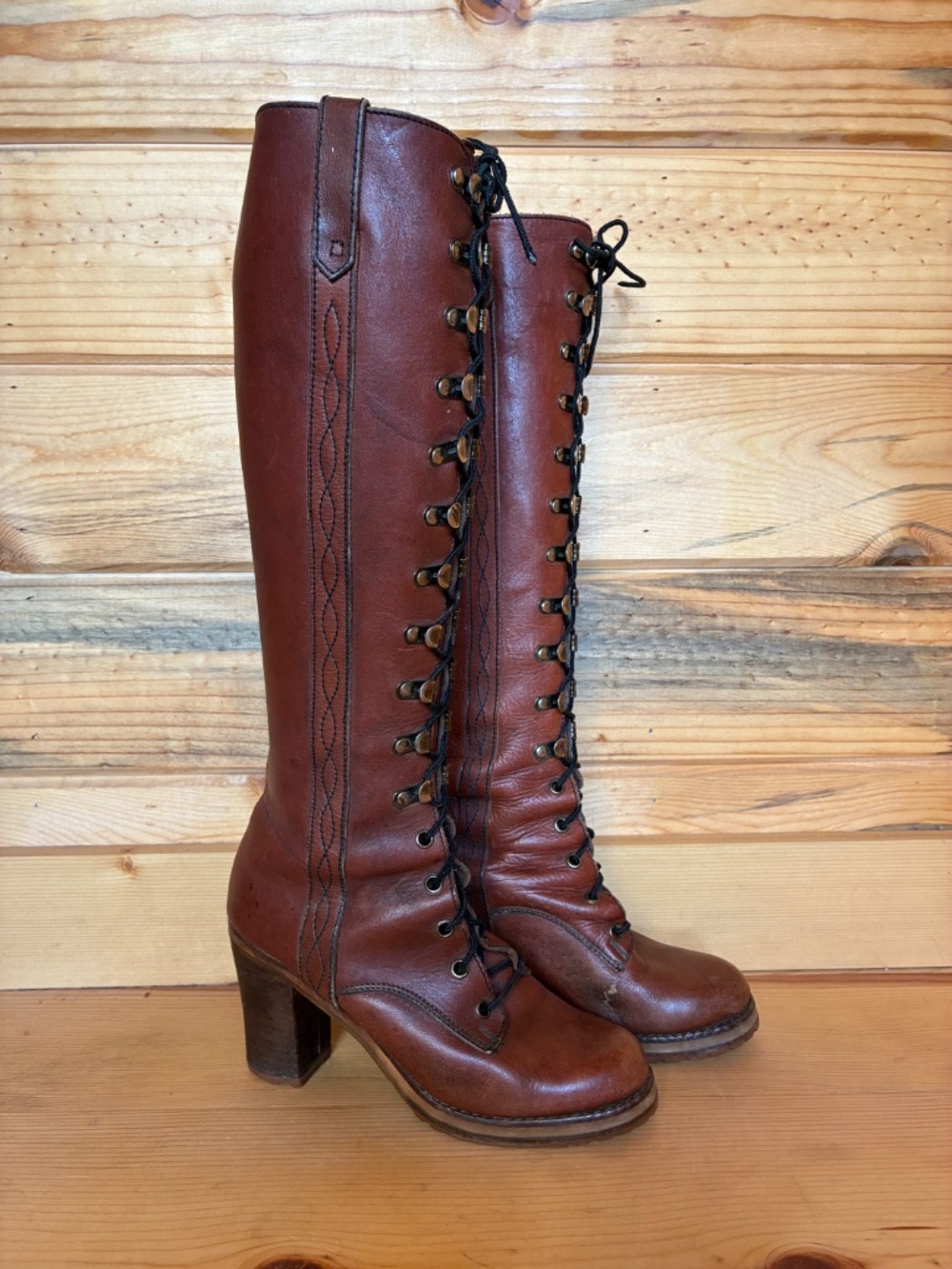 1970's Lace Up Campus Boots tall brown leather - Picture 3 of 13